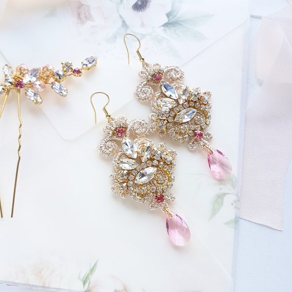 Boho Gold and Pink Bridal Wedding Earrings With Rose Crystals | Etsy