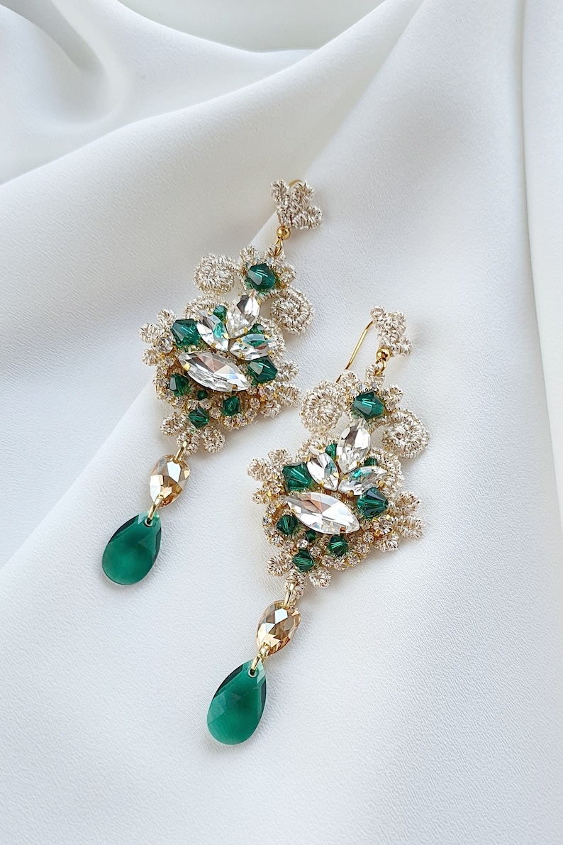 Boho bridal earrings for wedding, Emerald Green Bridal Earrings, Boho Chandelier Wedding Earrings, Dangle Boho bohemian earrings image 2