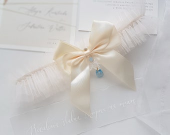 Bow garter for wedding, garter for bride with blue Swarovski Crystal