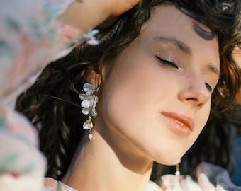 Orecchini da sposa floreali, ortensia di seta, goccia di perle, matrimonio boho