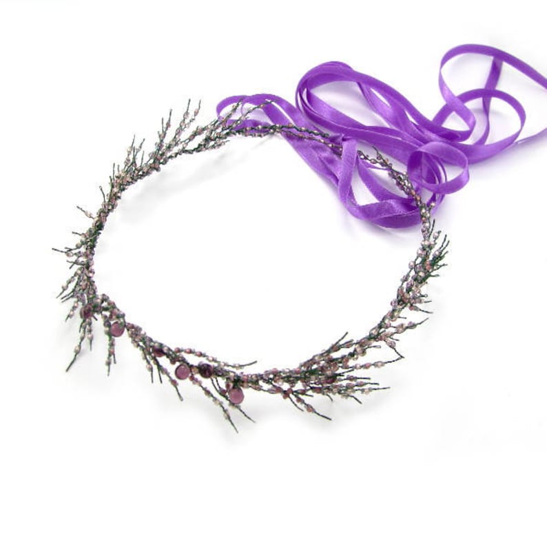 bridal hair vine tiara floral flower wreath Purple and green heather wedding wreath wedding hair piece Wedding hair accessories for bride