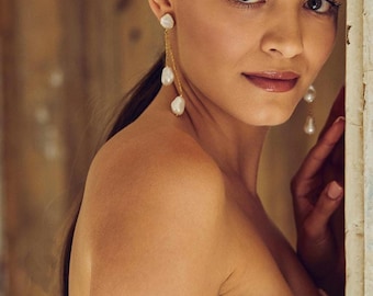 Orecchini pendenti in oro con perle color avorio, gioielli da sposa, orecchini a doppia catena per la sposa