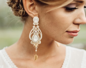 Goldene Boho Hochzeit Ohrringe für Braut, lange Ohrringe Braut, Soutache Braut Ohrringe, Elfenbein Hippie Ohrringe