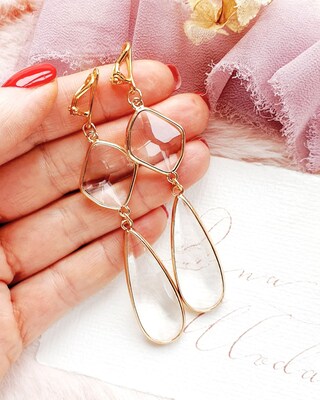 Orecchini Pendenti A Goccia Per Sposa – Cristallo Clearine, Clip-On Con Avvitamento, Confezione Regalo
