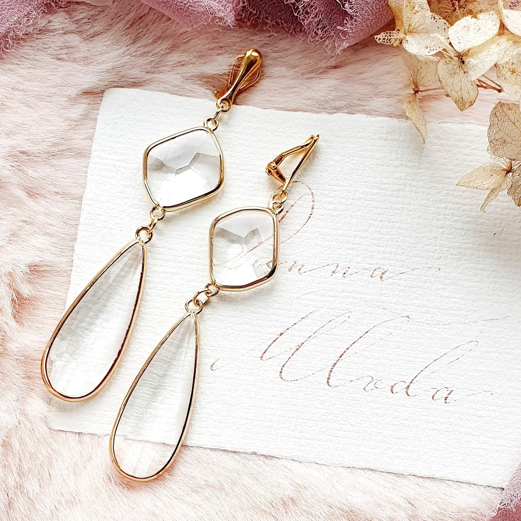 Orecchini a clip con goccia di cristallo - Argento da sposa - Italia