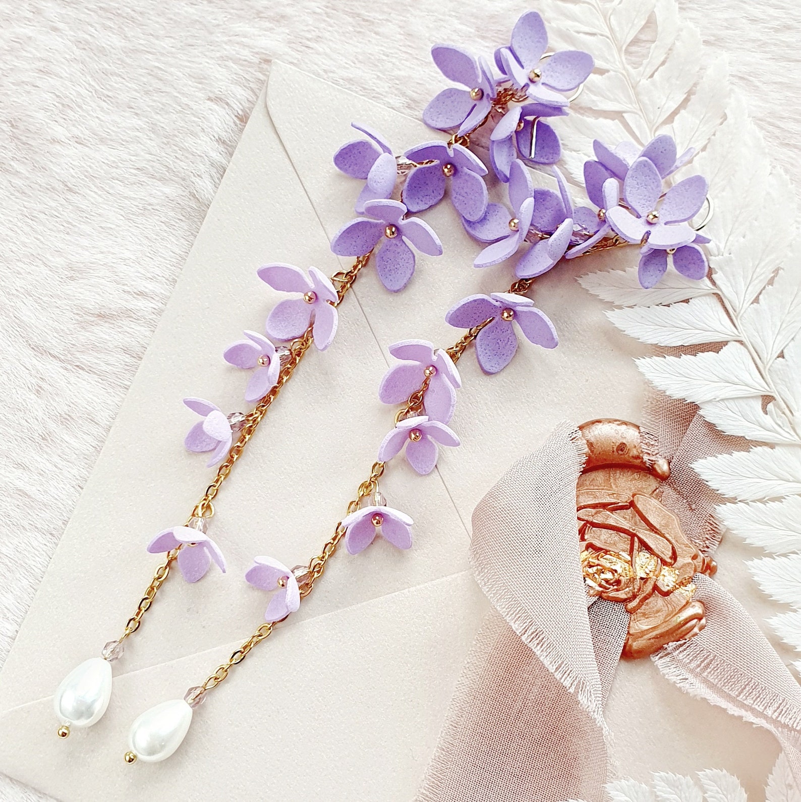 Purple Lilac Flower Earrings for Bride Long Earrings Wedding Etsy