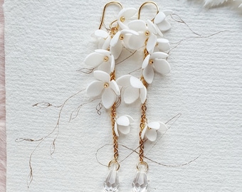 Orecchini lunghi da sposa con fiori, gioielli da sposa in cristallo, placcati in oro