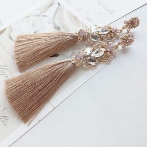 Boho cappuccino coffee brown beach tassel wedding earrings for bride, long blush and beige bridal tassel earrings image 6