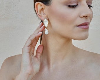 Orecchini da sposa in madreperla, borchie placcate in oro, gioielli da sposa