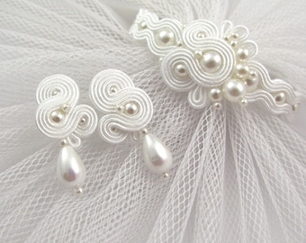 Pearls wedding jewelry set for brides soutache earrings and bracelet bridal jewelry set with pearls bridal earrings pearls bracelet pearls