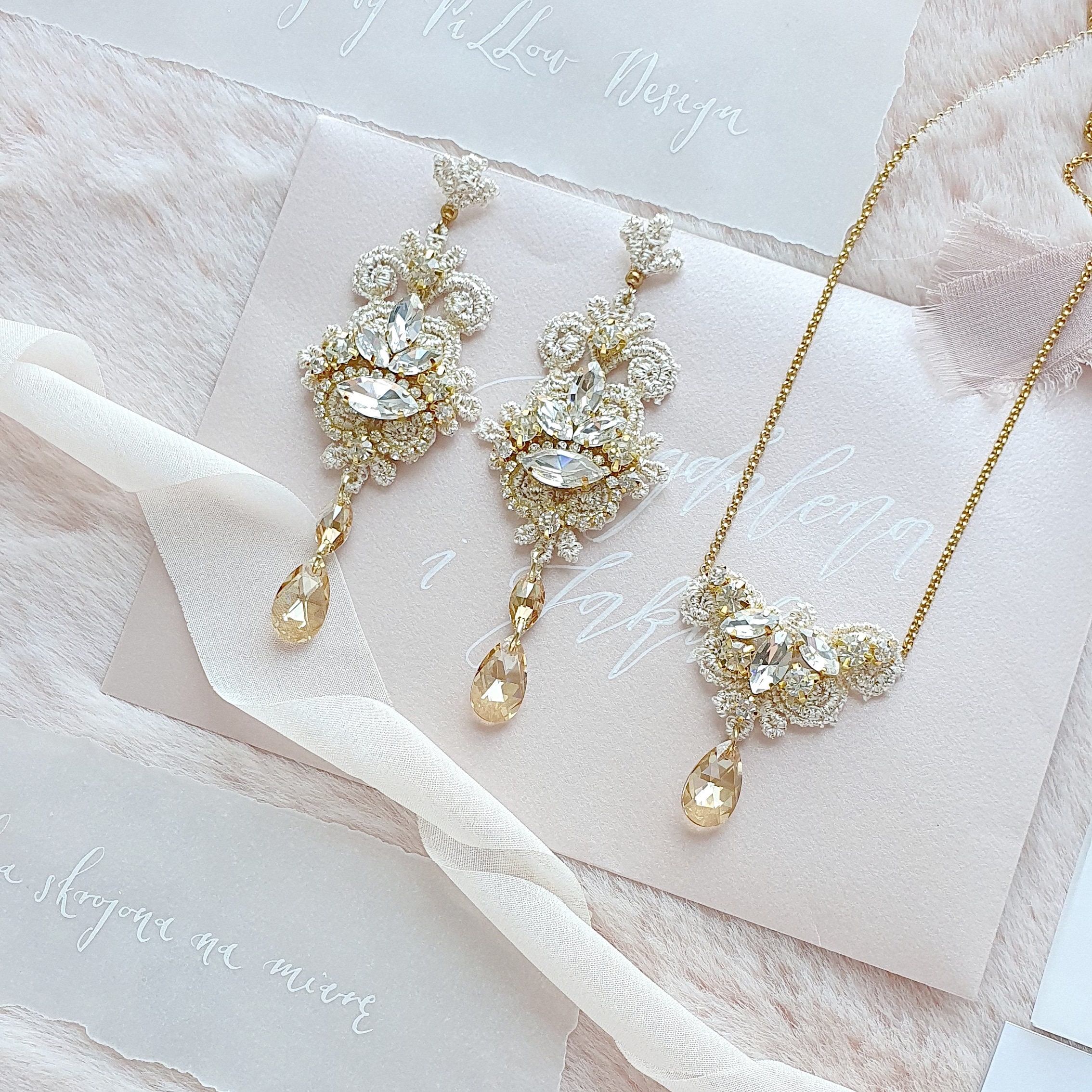 Lace bridal jewelry set gold earrings and necklace with crystals for wedding