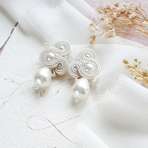 Pearl Wedding earrings for bride, handmade bridal earring pearls, pearls stud earrings, soutache earrings, wedding earrings with pearls image 6