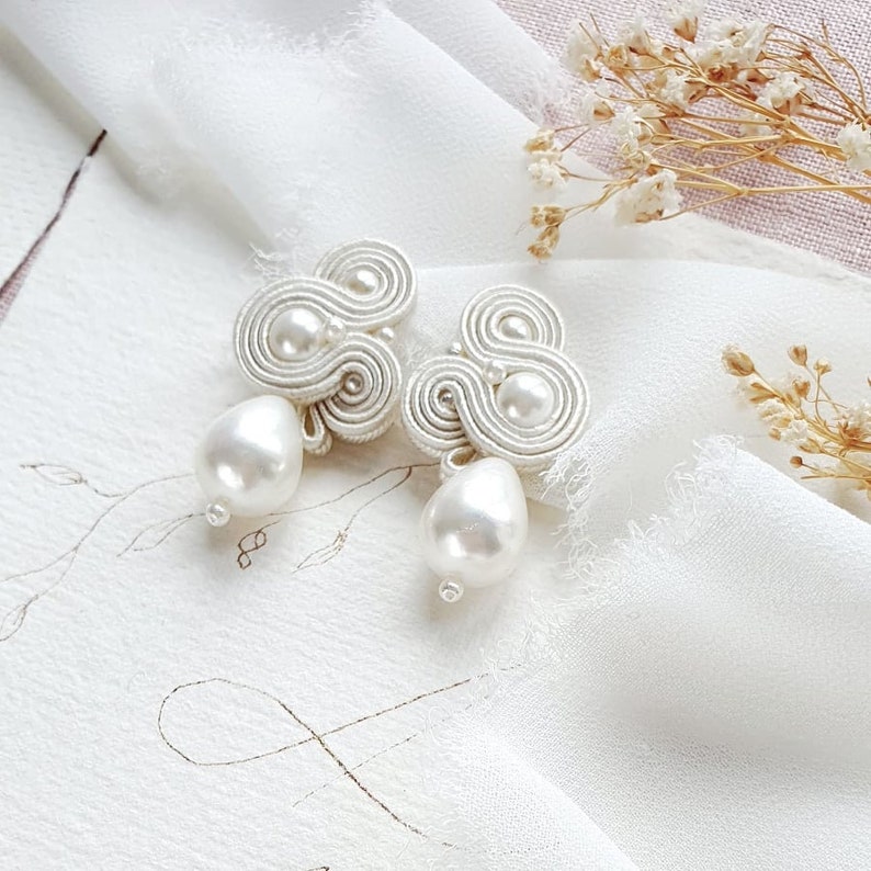 Pearl Wedding earrings for bride, handmade bridal earring pearls, pearls stud earrings, soutache earrings, wedding earrings with pearls image 6