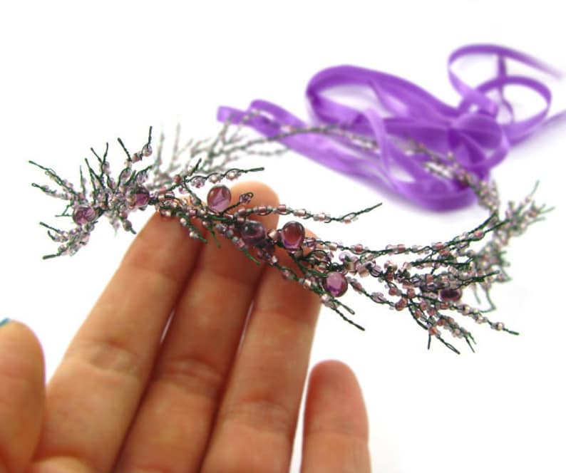 bridal hair vine tiara floral flower wreath Purple and green heather wedding wreath wedding hair piece Wedding hair accessories for bride