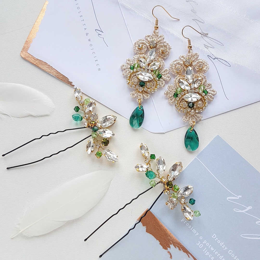 Glam Boho Emerald Green and Gold Bridal Earrings Wedding - Etsy