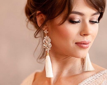 Boho beach lace tassel wedding earrings for bride, long light-weight wedding earrings.
