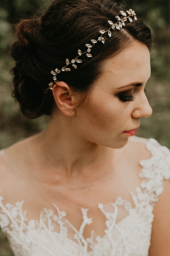 Crystal Rhinestone Bridal Hair Vine, Gold Wedding Headband  display picture 3