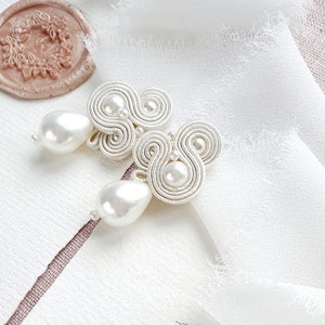 Pearl Wedding earrings for bride, handmade bridal earring pearls, pearls stud earrings, soutache earrings, wedding earrings with pearls image 7