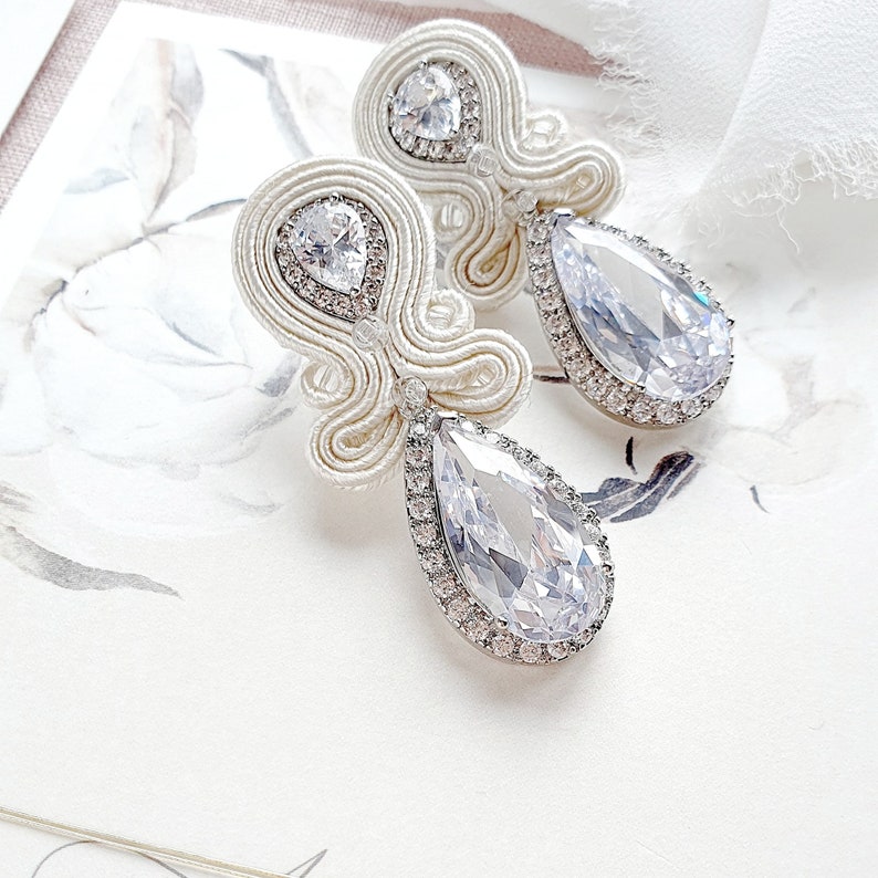 bridal drop earrings Wedding earrings for brides soutache white bridal earrings crystal crystal wedding earrings exclusive earrings