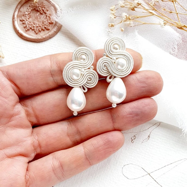 Pearl Wedding earrings for bride, handmade bridal earring pearls, pearls stud earrings, soutache earrings, wedding earrings with pearls image 1