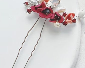 Delicate red gradient flower bridal hair pin for messy bunns and boho chic hairstyles, silver bridal hair pin with pearls, bridal hair piece