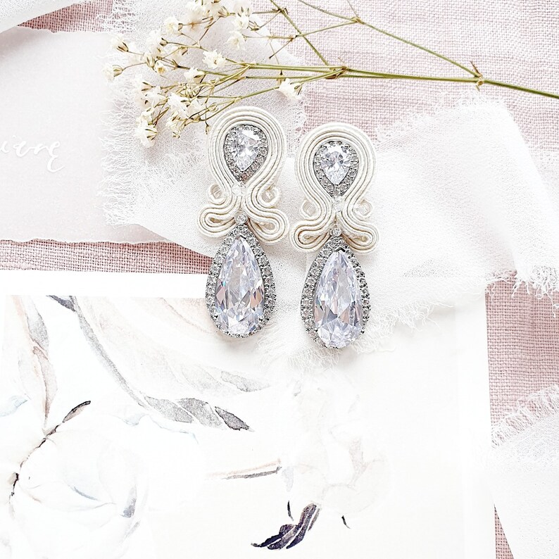 bridal drop earrings Wedding earrings for brides soutache white bridal earrings crystal crystal wedding earrings exclusive earrings