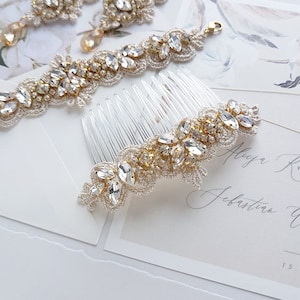 Boho Wedding Lace Hair Comb, Hand Embroidered Lace Hair Comb With Crystals. Wedding Crystal Gold Headpiece, Hair Piece Vine Head Accessories