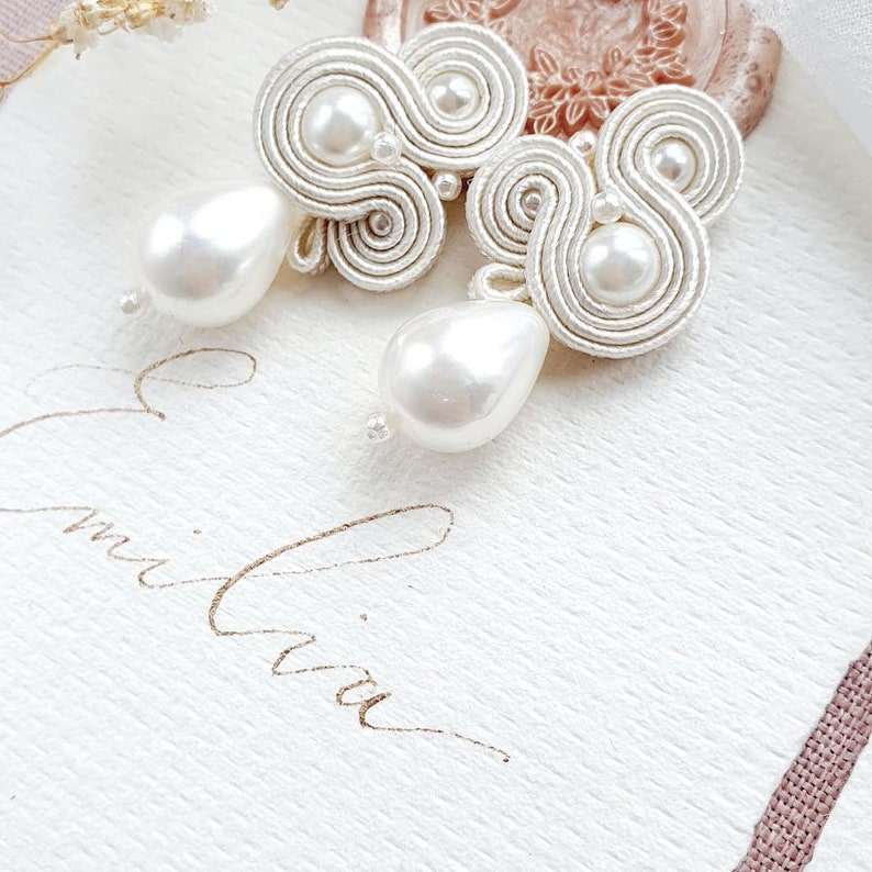 Pearl Wedding earrings for bride, handmade bridal earring pearls, pearls stud earrings, soutache earrings, wedding earrings with pearls image 8