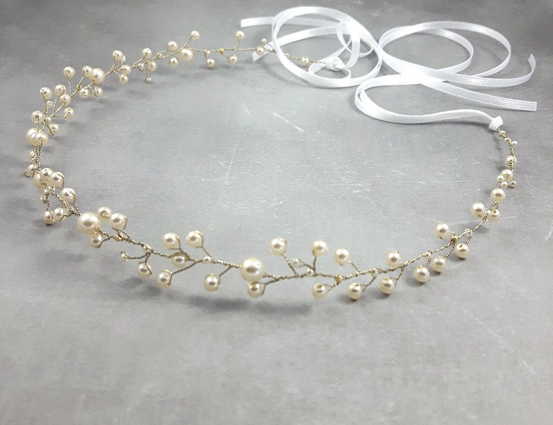 Delicate Wedding Tiara with Pearls, Pearl Headband Accessories for Boho Bride, Bridal Wreath, Romantic Headpiece for Bride or Bridesmaid image 8