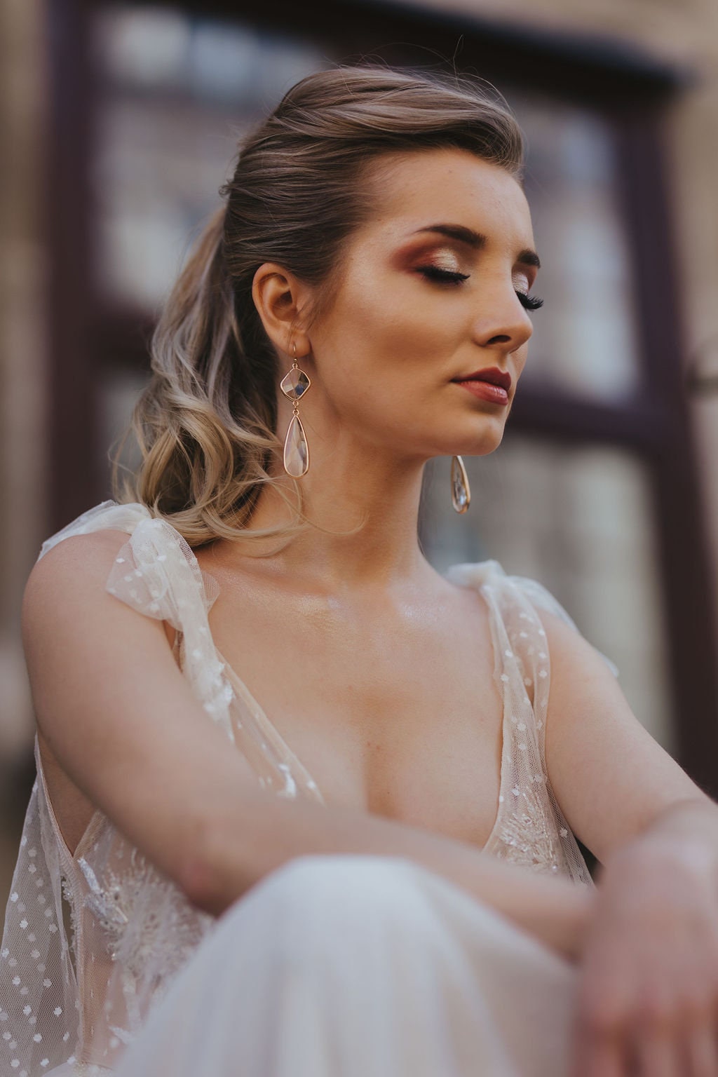 Orecchini Clip-On Cristallo Sposa Multiplo a goccia a Goccia