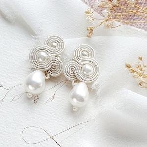 Pearl Wedding earrings for bride, handmade bridal earring pearls, pearls stud earrings, soutache earrings, wedding earrings with pearls image 4