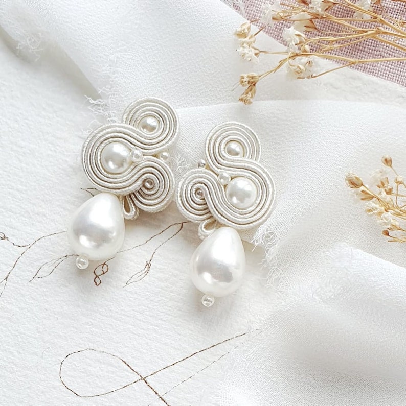 Pearl Wedding earrings for bride, handmade bridal earring pearls, pearls stud earrings, soutache earrings, wedding earrings with pearls image 4