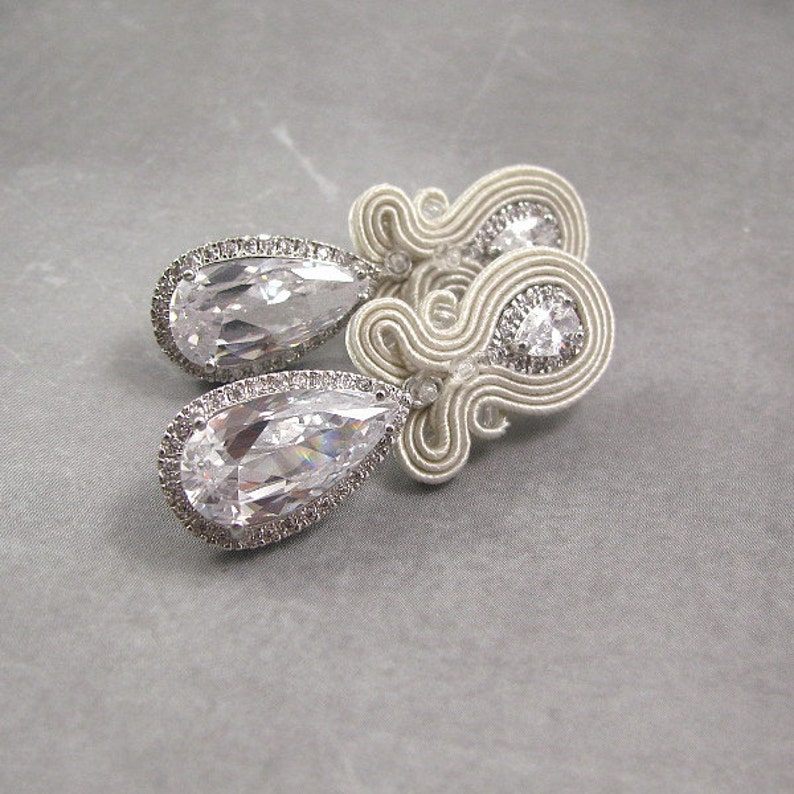 bridal drop earrings Wedding earrings for brides soutache white bridal earrings crystal crystal wedding earrings exclusive earrings