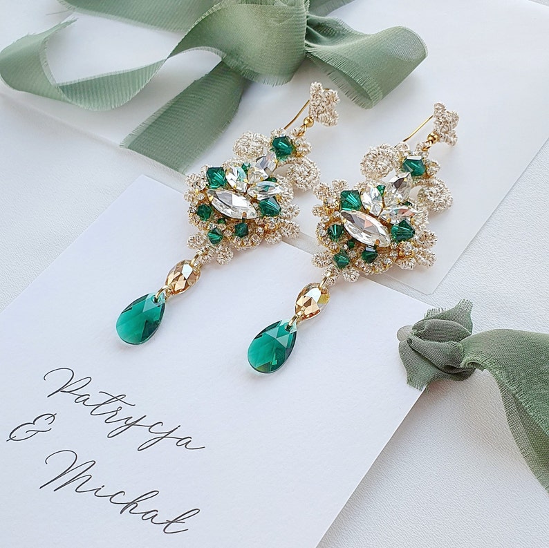 Boho bridal earrings for wedding, Emerald Green Bridal Earrings, Boho Chandelier Wedding Earrings, Dangle Boho bohemian earrings image 3