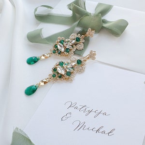 Boho bridal earrings for wedding, Emerald Green Bridal Earrings, Boho Chandelier Wedding Earrings, Dangle Boho bohemian earrings image 6