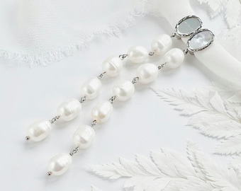 Orecchini pendenti in argento con perle da sposa, gioielli da sposa lunghi per spose