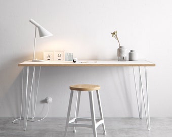 Scandinavian look white formica coated birch table completed with hairpin legs