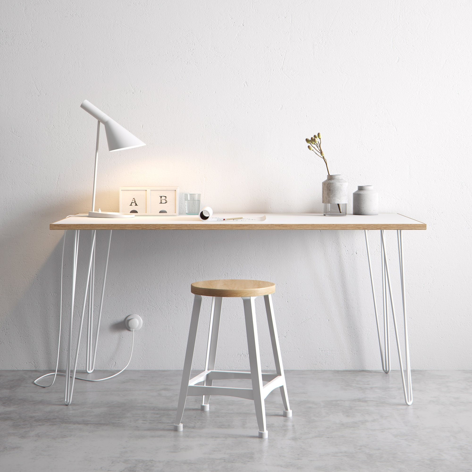 Look Scandinave Blanc Formica Enduit Table de Bouleau Complétée Par Des Pattes en Épingle à Cheveux