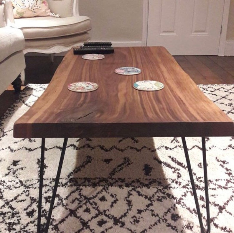 Walnut Slab Coffee Table With Cast Iron Hairpin Legs Etsy