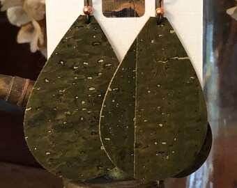 Natural Cork Teardrop Earrings: Olive Green with Gold Flakes