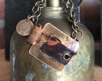 OOAK  Mixed Metal Recycled Bronze and Copper Bracelet with Antiqued Brass Chain