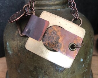 OOAK  Mixed Metal Recycled Brass and Copper Bracelet with Antiqued Copper Chain