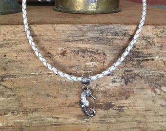 White Braided Leather Necklace with Artisan Made Sterling Silver Seahorse - 18"