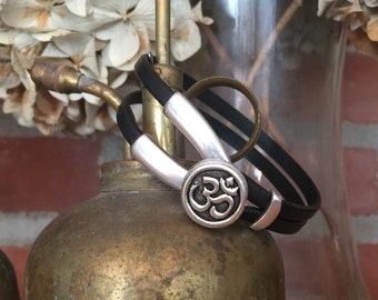 Leather Ohm Button Cuff Bracelet in Black - Handcrafted