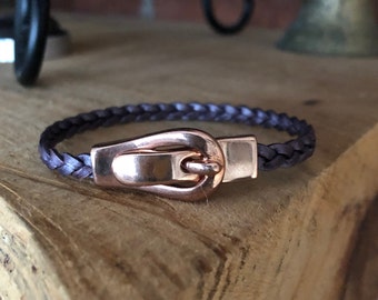 Purple Braided Leather Bracelet with Rose Gold Magnetic Buckle Clasp