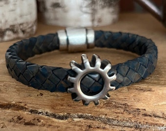 Rich Rustic Blue & Brown Toned Braided Leather Bracelet with Cool Cog Accent - Magnetic Clasp