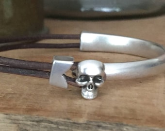 Skull Half Cuff Bracelet - Antiqued Brown/Gray Leather