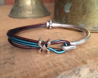 Dainty Teal and Dark Brown Leather Half Cuff Bracelet