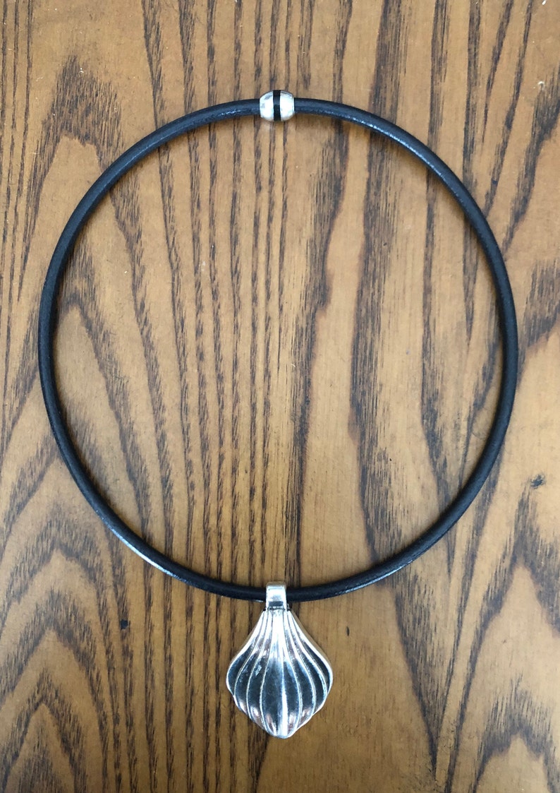 Large Tribal Silver Shell Pendant and Black Leather Necklace Magnetic Clasp image 6