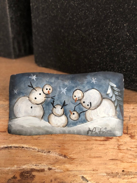 Vintage Folk Art Tin Pin, Primitive Snowmen!  - Ha